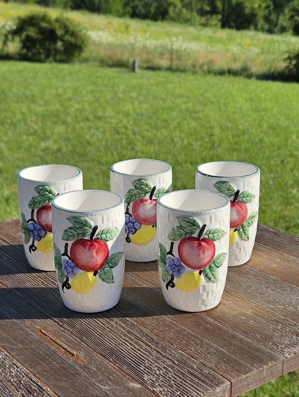 Set of 5 Vtg Japanese Ceramic Juice Cups Tumblers Basket Weave Fruit MCM Japan
